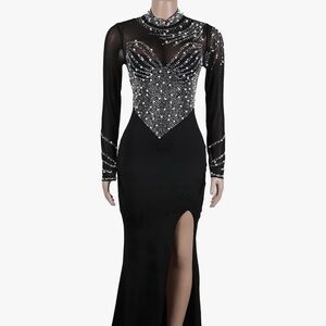 Black Silver Embellished Long Sleeve Gown with Slit